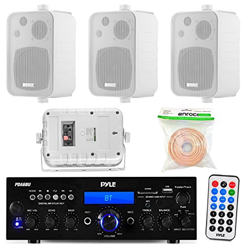Pyle PDA6BU 200-Watt 2-Channel Digital USB/AUX FM Radio Stereo Amplifier Receiver, Bundle Combo With 4x Enrock EKMR408W 4″ Inch 200-Watt 3-Way White Box Speakers, 50 Feet 18-Gauge Speaker Wire