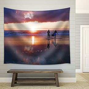 Surferrs at The Ocean at Sunset in Portugal - Fabric Wall Tapestry Home Decor - 51x60 inches