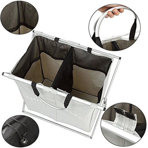 Double Light and Dark Laundry Hamper with Aluminum Frame, 2 Sections Laundry basket, 600D Oxford, 23.2"x 15"x 22.4" Inches (light gray-2)
