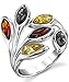 Metal Masters Sterling Silver Baltic Amber Multi Color Leaf Ring, Cherry Honey Cognac and Olive Colors 7