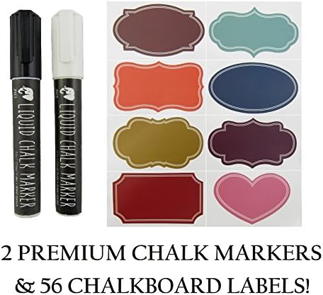 56 Chalkboard Labels &amp; 2 Colored Chalk Markers - Excellent Quality for Parties, Ingredient Labeling, and More (Colored Labels)!