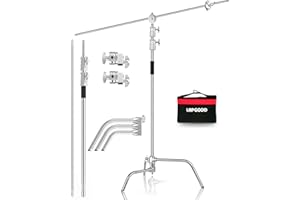 YOUTIN C Stand with Boom Arm - Heavy Duty Photography Light Stand | Max Height 10.8ft/330cm Holding Arm 4.2ft/127cm, Stainless Steel Stand in Silver