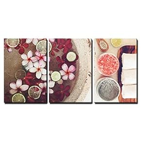3 Piece Canvas Wall Art - Foot Bath in Bowl with Lime and Tropical Flowers, Spa Pedicure Treatment, Top View - Modern Home Art Stretched and Framed Ready to Hang - 16"x24"x3 Panels
