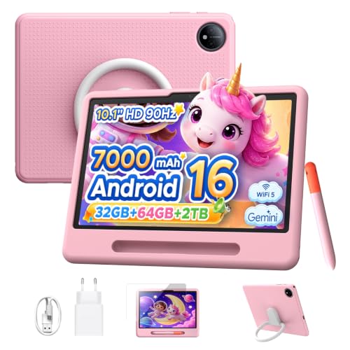 Easerush P10 Kid Tablet con Penna Custodia in Silicone, Rosa | Tablet 10 Pollici con 32GB RAM+64GB ROM Tablet per Bambini, 90Hz Tablet Android 16 & Gemini AI, 7000mAhT310/5G WiFi/8MP+5MP