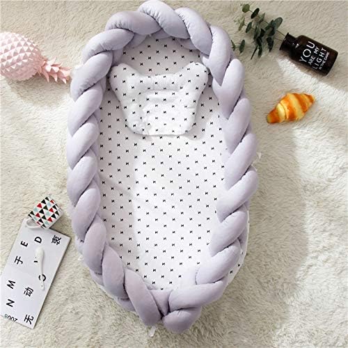TEALP Baby Lounger Portable Baby Nest Pod/Sleeping Newborn Infants Bassinet Soft and Safe Mattress with Detachable Braided Bumper Gray (0-24 Months)