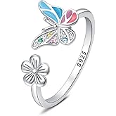 PANPOKI 925 Sterling Silver Ring for Women Open Adjustable Ring Personality Stacking Ring Gift Simple Butterfly Flower Ring S925 Sterling Silver Heart Rings Love Birthday Jewelry Gift