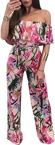 MUYAOO Women's Floral Print Off Shoulder Bodycon Jumpsuit Romper