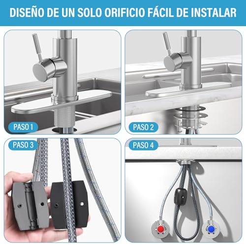 GALASALA Llaves para Fregadero de Cocina De Acero Inoxidable, Mezcladora para Fregadero Extraible, Grifo de Cocina Con 2 Mangueras Fría y Caliente, Monomando para Fregadero Con Rociador de 4 Modos