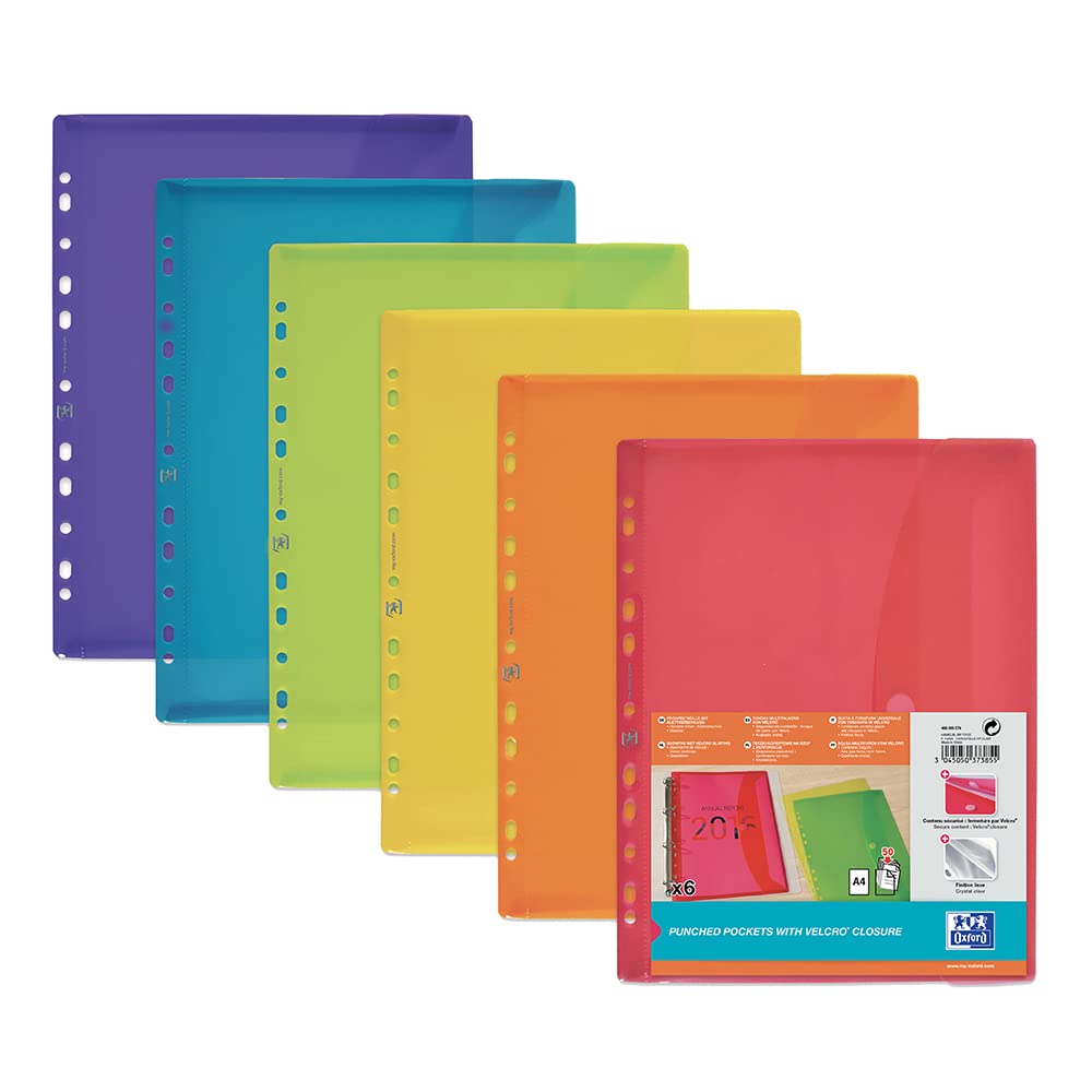 Oxford A4 Ring Binder Punched Pockets, Assorted Colours, Plastic Wallets, Pack of 6