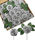 D-Seven Artificial Flowers 30PCS Real Looking Fake Roses with Stem for DIY Wedding Bouquets Centerpieces Party Baby Shower Home Decorations (Silver Gray)