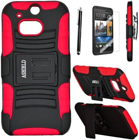 Ashiled All New HTC One M8 Case - Prime Series Dual Layer Holster Cover with Kickstand and Locking Belt Swivel Clip For HTC One Case 2014 + Free Screen Protector + Stylus (Red)