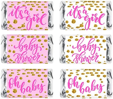 60 Pink Oh Baby Girl Baby Shower Miniatures Candy Bar Wrapper, Its a Girl Baby Shower Mini Candy Bar Stickers Decorations, White and Pink