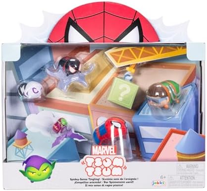 Disney Marvel - Set Figurines Tsum Tsum Spiderman - 7 cm - Jouets Empilables - 6 Figurines de Collections Dont 1 Mystère - Acessoires Toile d'Araignée - Stimule l'Imagination - Cadeau Enfant 6 Ans+