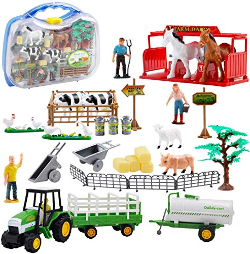 deAO 31-teiliges tragbares Bauernhofspielset mit Sattelzugmaschinen, verschiedenen Tierfiguren, Landwirt und Zubehör…