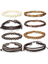 Jstyle 8 Pcs Braided Leather Bracelet for Men Women Wooden Beaded Bracelets Wrap Adjustable