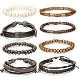 Jstyle 8-14 Pcs Braided Leather Bracelet for Men Women Wooden Beaded Bracelets Wrap Adjustable