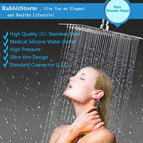 Alta Presión Montaje Fijo de Cabeza de Ducha de lluvia-12 Pulgadas/30cm Gran Cuadrada 304 de Acero Inoxidable Ducha de Spray - 1/2'' Conector, Rotación de 360 Grados-con Boquilla de Silicona- Ultra Fino Ahorro de Agua Regaderas Fijas para Baño Gigante Piso Individual-RabbitStorm (12 Pulgadas)