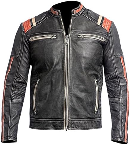 MPASSIONS Retro Black Motorcycle Cafe Racer Leather Biker Jacket