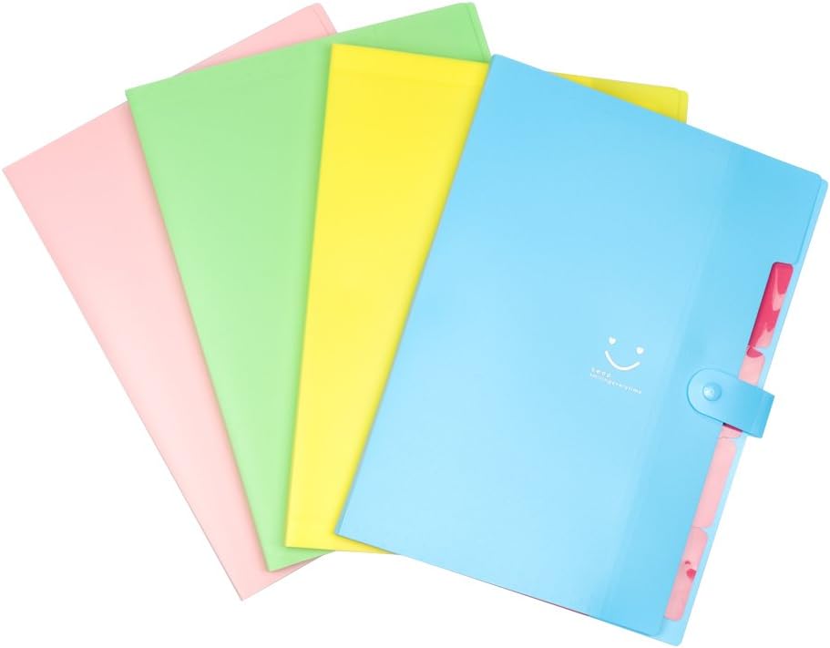 Zrse 5 Pockets Plastic Expanding A4 Document File Folders Letter Size Study Accessories Snap Closure Paper Organizer for Office, School, Home (Pack of 4)