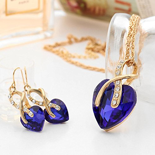Mother's Day Gift Daoroka Austrian Crystal Fashion Heart Jewelry Sets Necklace Earrings Wedding Party Accessories (Length:44 cm +5cm Earrings 2.9cm, Blue)