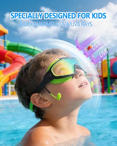 YLKJSWIM Swim Goggles for Kids 3-15 with Earplugs Large Frame Anti-Fog/UV Swimming Goggles for Boys Girls Toddler 2PCS