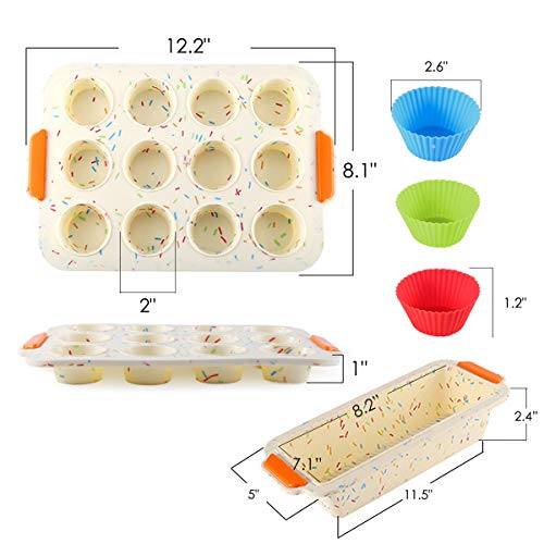 Silicone Loaf Pan for Baking Bread Bakeware Pan Set with Reinforced Steel Frame Inside Non-Stick Long Cake Pan 12-cup Muffin Cups Set Steel Frame Inside Dishwasher Microwave Safe Reusable 5 Pack