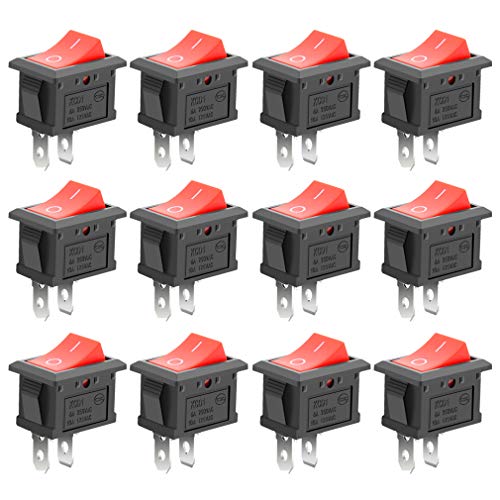 MXRS 12 Pcs SPST Snap-in ON-Off 2 Pin Snap Rocker Boat Switch Black AC 250V 6A 125V 10A for Car Auto Boat Household Appliances(Red Button)