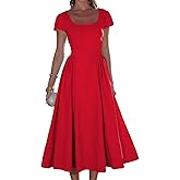 YUNDAI Women's Square Neck Midi Dress Short Sleeve Flowy A-Line Tie Back Dress