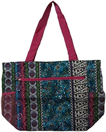Large Tote Bag | 13.5 Inch Shopping or Beach Bag by Unique Traveler (Bohomenian Patch Work-Pink)