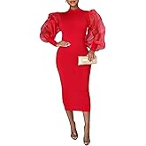 Ekaliy Women's See Through Bodycon Dress Sheer Mesh Long Puff Lantern Sleeve Dress Sexy Club Party Midi Dress Clubwear