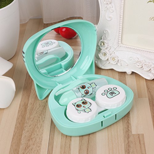Sarora Mini Contact Lenses Box - Cartoon Cat Contact Lens Travel Kit Case with Mirror for Home and Travel (Green)