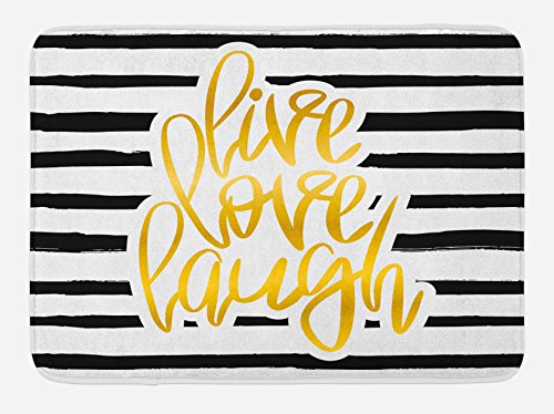 Ambesonne Live Laugh Love Bath Mat, Romantic Design with Hand Drawn Stripes and Calligraphic Text, Plush Bathroom Decor Mat with Non Slip Backing, 29.5" X 17.5", White Yellow