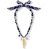 FAUTHENTICUTE Chunky Gold Fish Pendant Necklace For Women Long Silk Scarf Turquoise Strand Necklace With Fish Pendants Boho Beach Shell Statement Necklaces