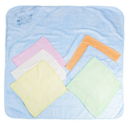 NaturCute Bamboo Baby Hooded Towel and 6 Washcloths Set - Blue