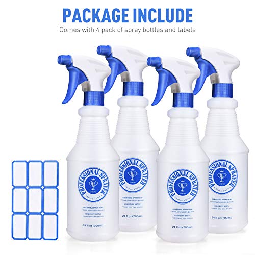 Plastic Spray Bottle 4 Pack 24 Oz (Upgraded Sprayer) All-Purpose Heavy Duty Empty Spraying Mist Squirt Water Bottles Cleaning Solutions, Bleach/Vinegar/BBQ/Rubbing Alcohol Safe with Measurements