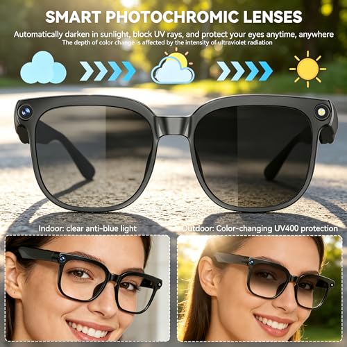 AI Smart Glasses with Camera,8MP Camera Glasses,1080P Anti-Shake Video Recording Glasses, Real Time Translation,AI Voice Assistant,Object Recognition,Bluetooth Sunglasses for Men Women (Photochromic)