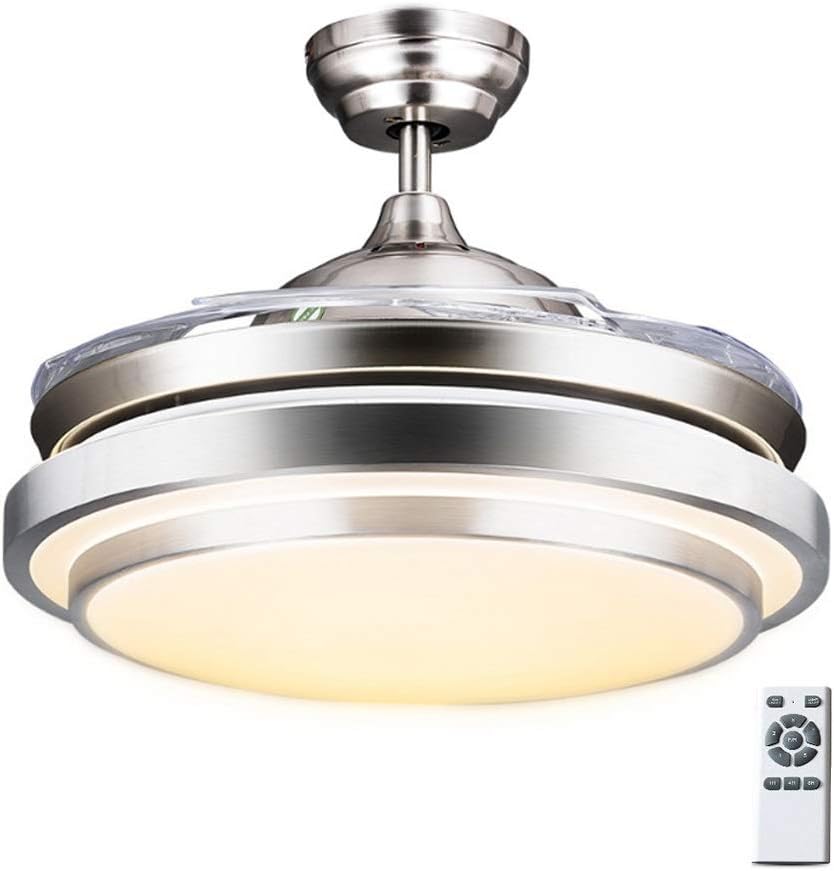 GaoHX 42 inches Modern Invisible Retractable LED Ceiling Fan Lamp with Lamp 4 Retractable Blades Ceiling Fan Lights Three Color Changing Pendant Lamps with Remote Control Invisible Ceiling Fan Light