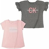 Calvin Klein Girls' 2 Pack Short Sleeve Graphic Logo Tees, Med Grey HTR/Candy Pink, Small (6/7)