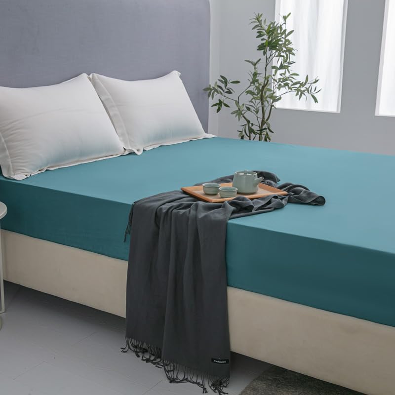 Teal Blue Thermal TC600 Fitted Bed Sheet 30cm Deep 100% Soft Cotton Hotel Quality Extra Soft Premium Luxury Bedding Linen (Double)