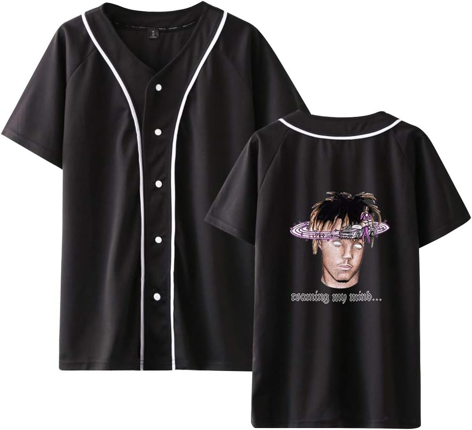 Unisex Juice Wrld Print Baseball Shirt Button Front Casual Short Sleeves Tops V-Neck Tee Shirt Loose Blouse Fans Support T-Shirts for Men and Women