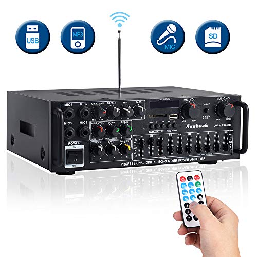 Sunbuck 600W Karaoke Wireless Bluetooth Power Amplifier System – 2 Channel Stereo Sound Audio Receiver -w/ R&L Channel EQ Adjustment, USB/SD, RCA, 4 MICS Input for Home Theater Speaker w/Echo. AV326BT