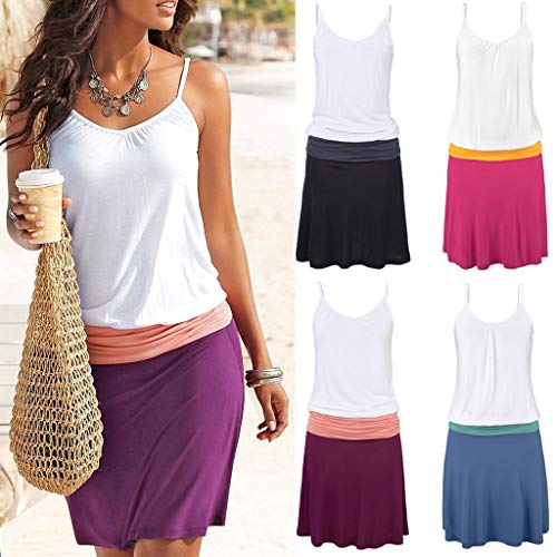 Mysky Fashion Women Summer Casual Color Block Sleeveless Comfy Sling Above Knee Dress Red