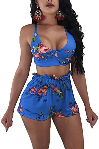 Fadvanes Floral 2 Piece Outfits for Women Shorts Set and Sleeveless Strap Crop Top Sexy Summer Casual Clubwear