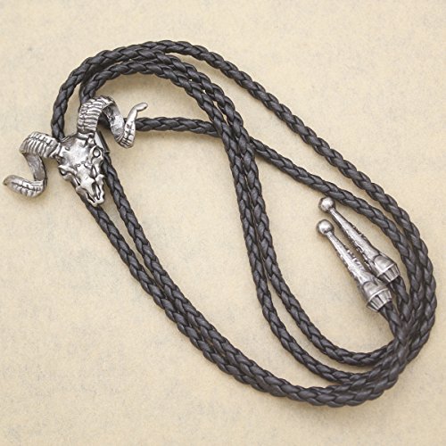RechicGu Vintage Silver Western Big Horn Sheep RAM Head Goat Skull Leather Rodeo Bolo Bola Tie Necktie