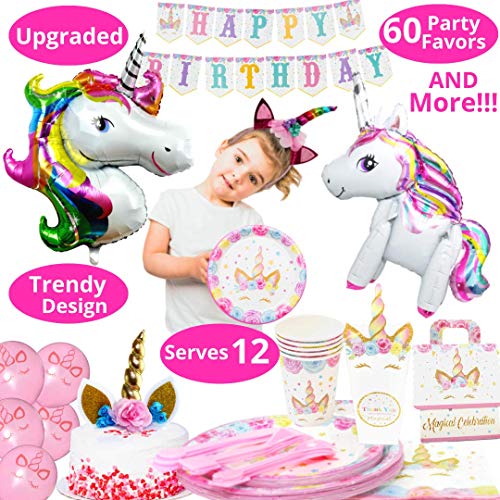 Unicorn Party Supplies - 197 pc Set With Unicorn Themed Party Favors! Pink Unicorn Headband for Girls, Birthday Party Decorations, Unicorn Balloons, Pin the Horn on the Unicorn Game and more| Serve 12!