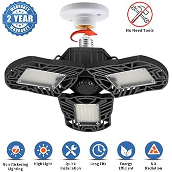LED Garage Lights, 6000Lumens Deformable Garage Light, 60W Ultra-Bright Trilight Lamp Set with 3 Adjustable Aluminum Panels, CRI 80, 6000K Nature Light for Shop, Garage, Warehouse