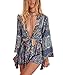 AELSON Women's Boho V Neck Print Romper Playsuit With Long Flare Sleeves,Blue,Large