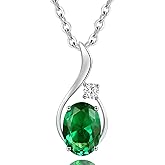 FANCIME 14K Solid White Gold Oval Gemstone Necklace with Diamond Pendant Gifts for Mom Women,16"+2" Inches