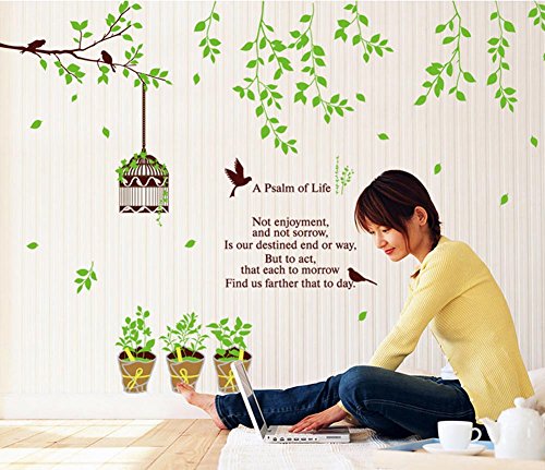 BIBITIME Green Tree Branch Hanging Birdcage with 4 Birds 3 Potted Plants Wall Sticker for Door Window Desk Decor Decals ,DIY Size: 59.06 41.34 IN