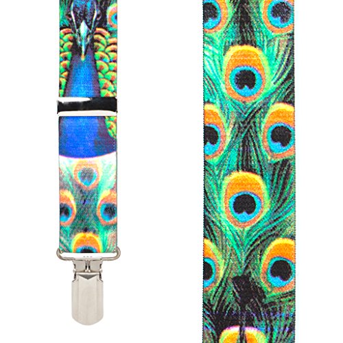 Suspender Store Novelty Peacock Suspenders - 1.5-Inch Wide Elastic - X-Back - Small Pin Clip - 48